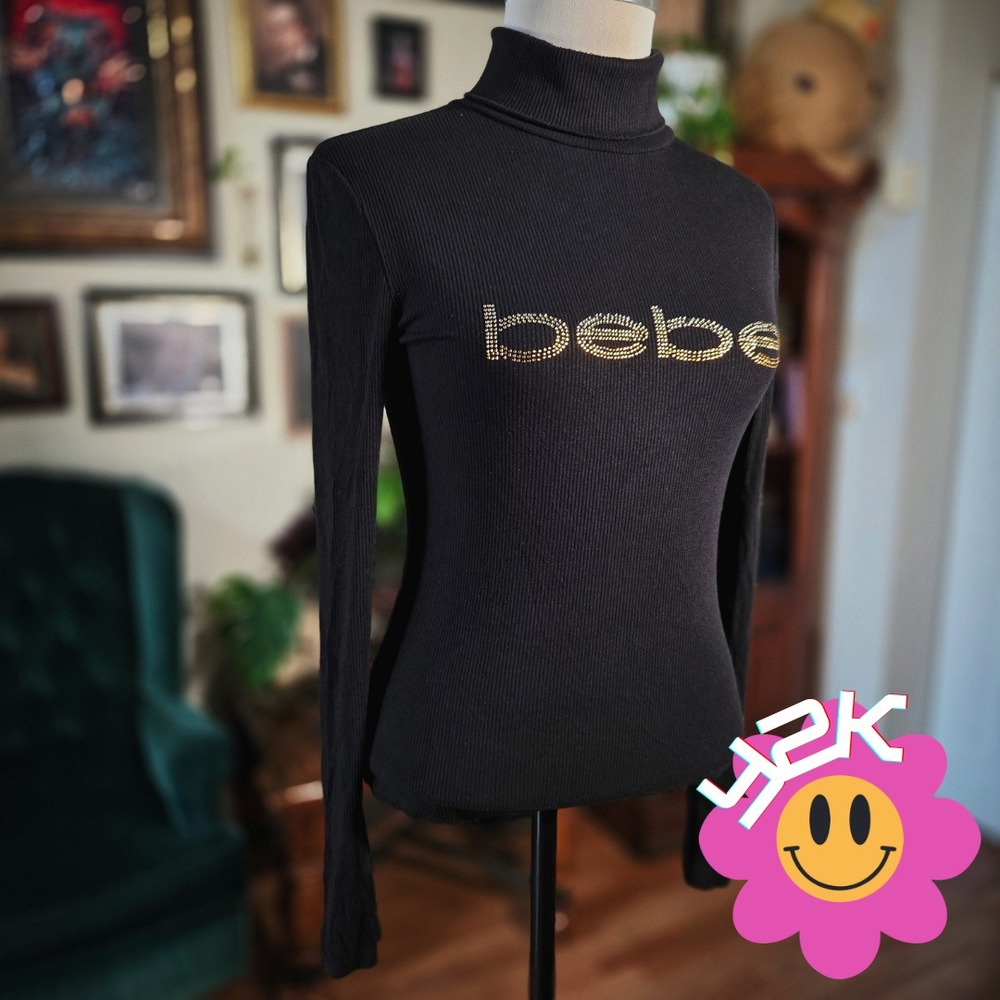 Bebe Turtleneck Top Vintage Y2K Black Ribbed Rhinestone Logo Long Sleeve Shirt M